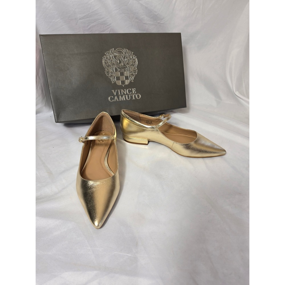 Vince Camuto Eloise Gold Metallic Leather Mary Jane Pointed Toe Flats Shoes 5.5M